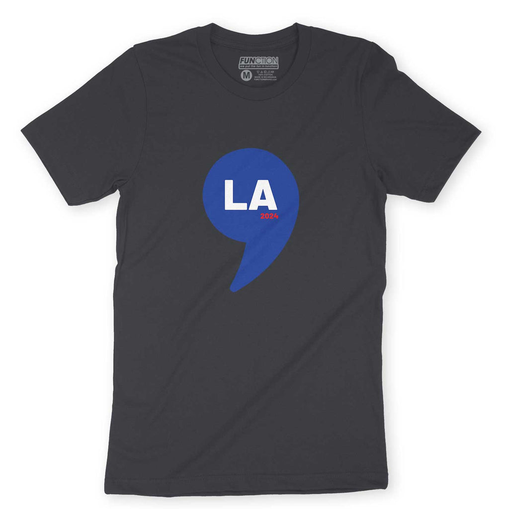 Function - Kamala Harris LA 2024 Men's Black T-Shirt - Comma Symbol Graphic Tee - Political Pun Design