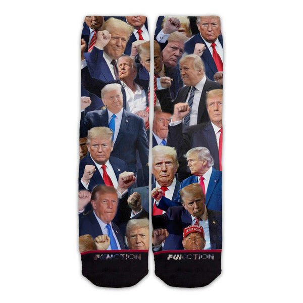 Function - Donald Trump Fist Pump Collage Adult Crew Sock Unisex Republican 2024 Dancing Shot President