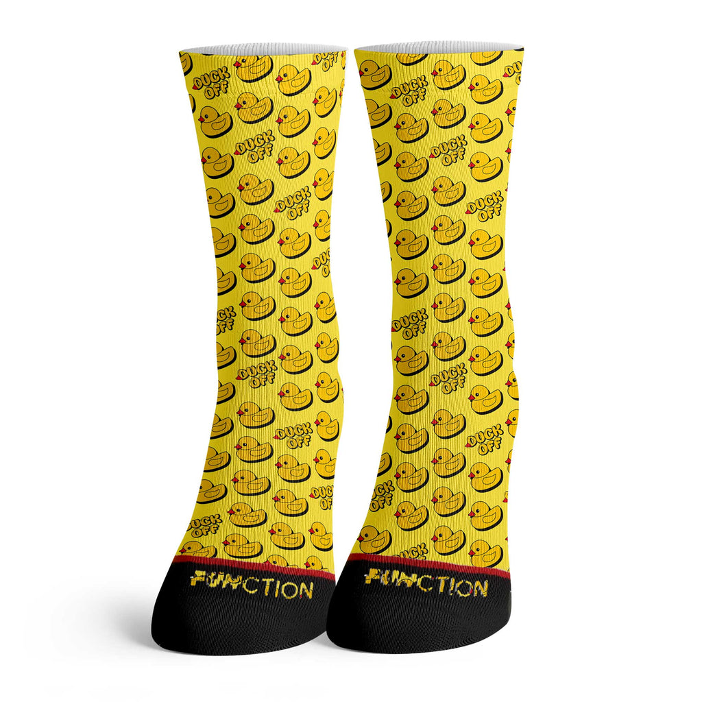 Function Duck Off Pattern Adult Crew Socks Funny Yellow Rubber Duck All Over Print Novelty Design Unisex Comfortable Polyester Blend Bold Gift Idea