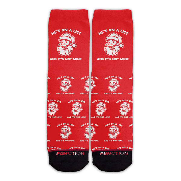 Function Socks Santa He's On A List And It's Not Mine Red Funny Christmas Holiday Adult Crew Socks