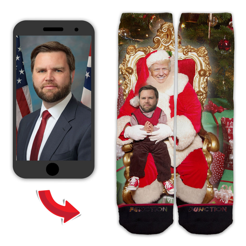 Function Trump Santas Lap Custom Face Adult Crew Socks Funny Personalized Holiday Gift Upload Your Photo for Spouse Coworker Child or Friend Christmas Gag Present USA Printed