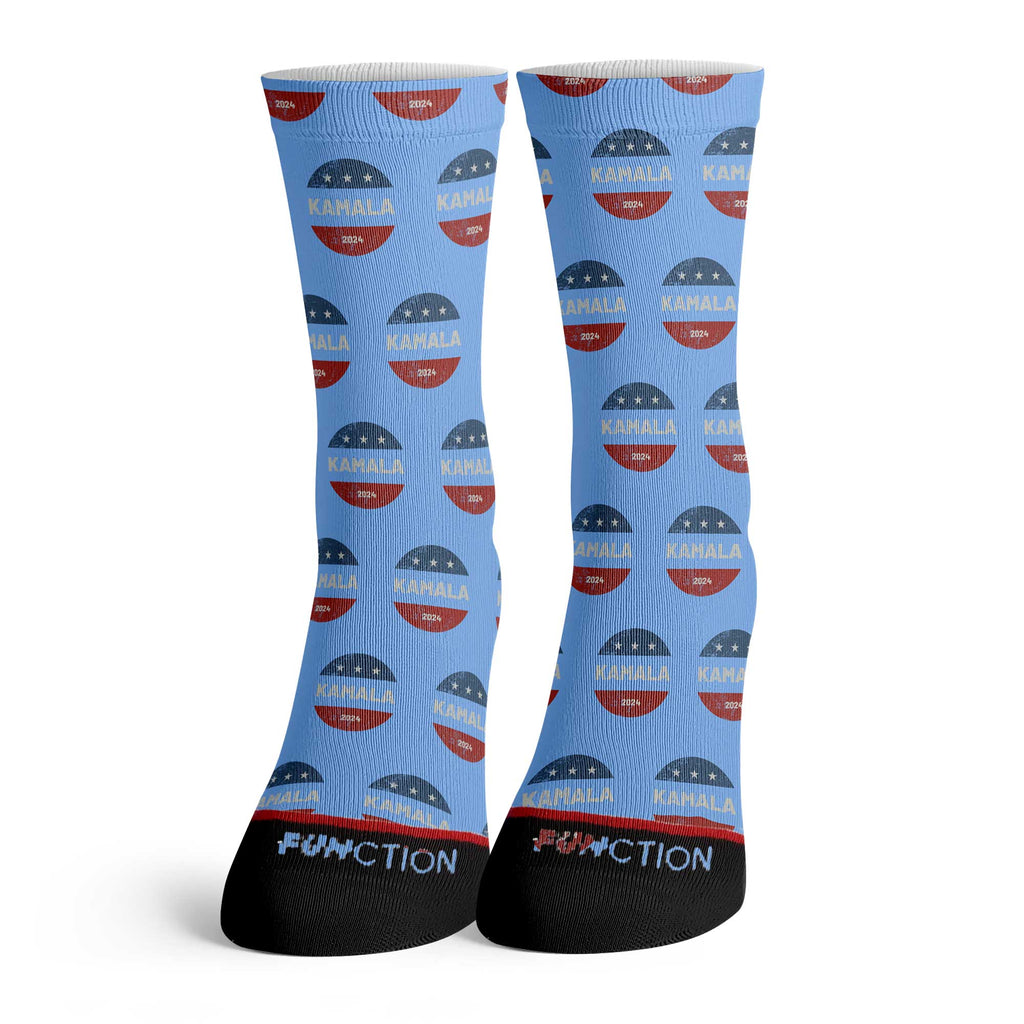 Function - Kamala Harris 2024 Campaign Inspired Socks - Patriotic Vintage Sticker Pattern - Unisex Fit Democrat Blue