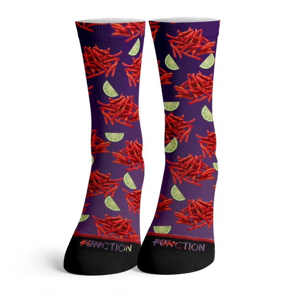 Function - Takis Spicy Snack Pattern Adult Crew Socks - Fun Food Novelty for Men and Women - Bold Colorful Chili Lime Design