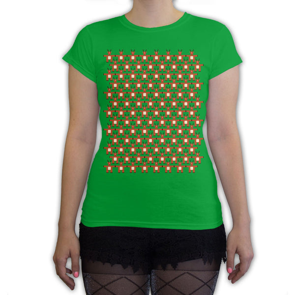 Function -  8-Bit Reindeer Pattern Women's Fashion T-Shirt Kelly Green