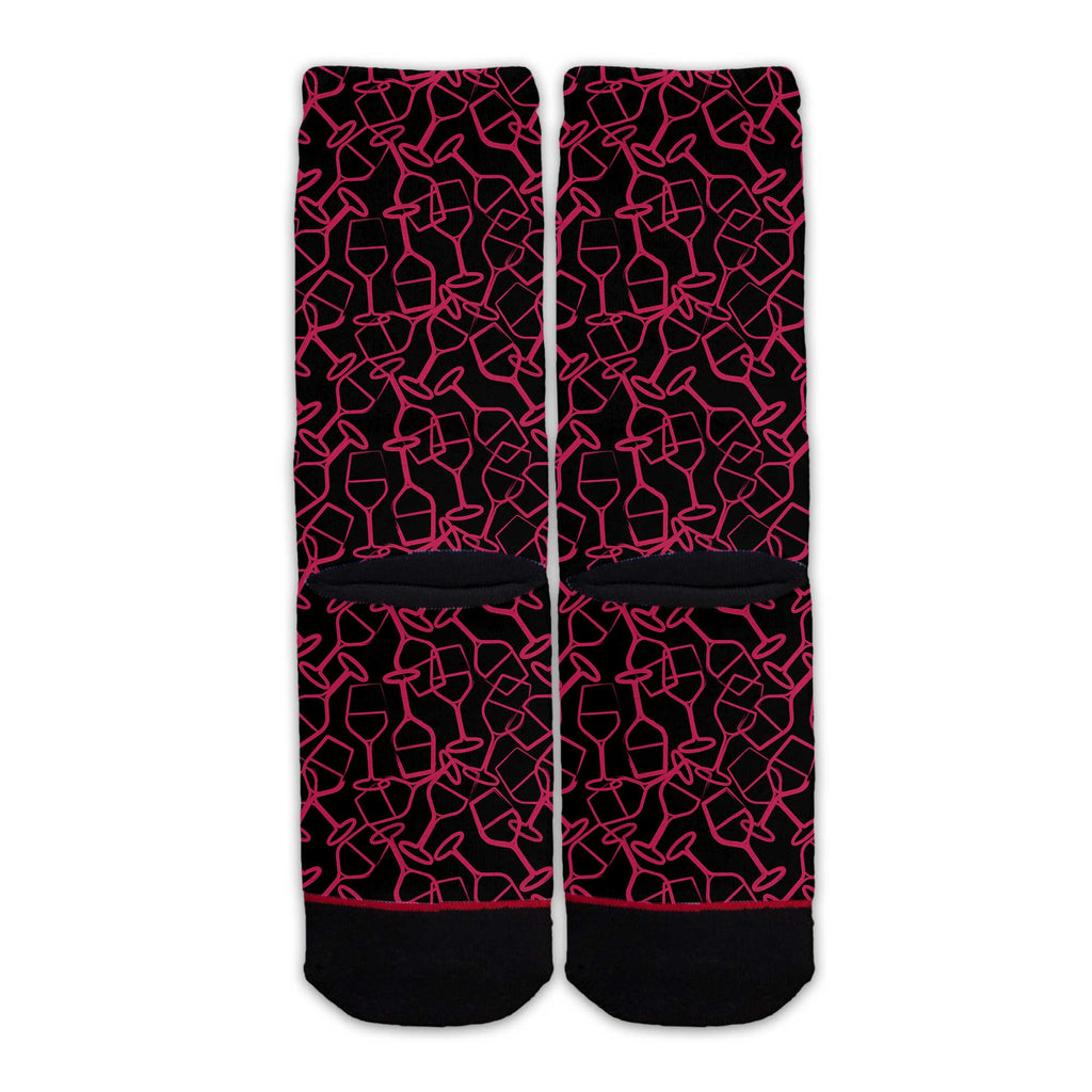 Function - Red Wine Glass Line Art Pattern Black Adult Crew Socks