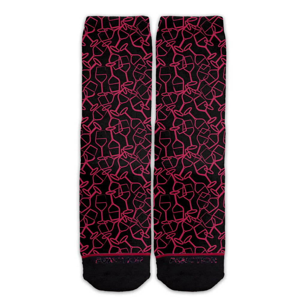 Function - Red Wine Glass Line Art Pattern Black Adult Crew Socks