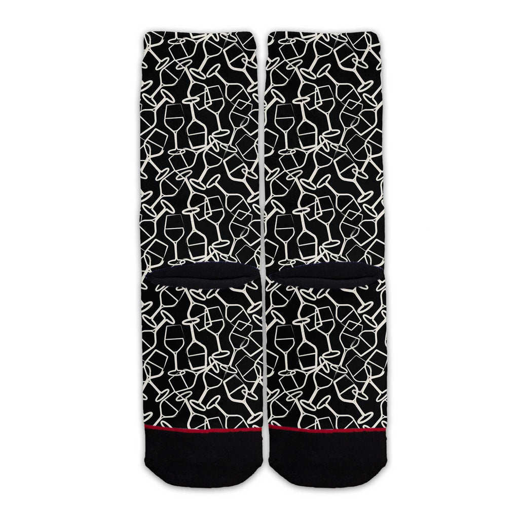 Function - White Wine Glass Line Art Pattern Black Adult Crew Socks