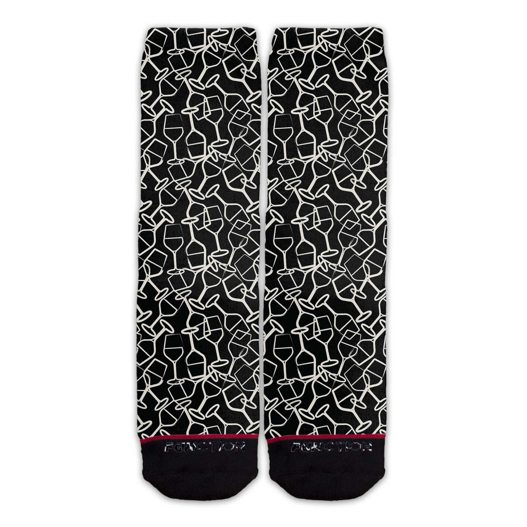 Function - White Wine Glass Line Art Pattern Black Adult Crew Socks