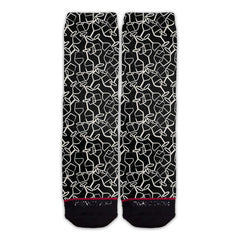 Function - White Wine Glass Line Art Pattern Black Adult Crew Socks