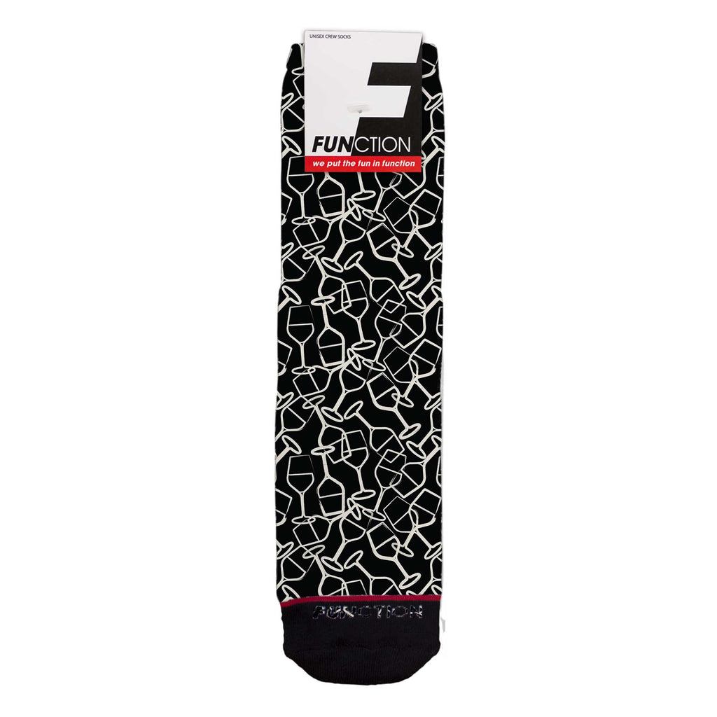 Function - White Wine Glass Line Art Pattern Black Adult Crew Socks