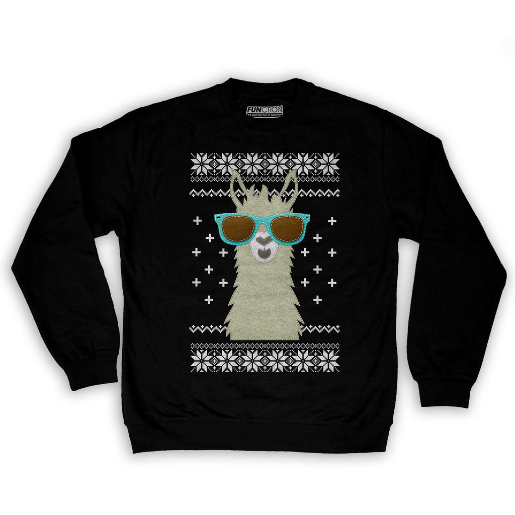 Function -  Ugly Christmas Faux Felt Llama Men's Fashion Crew Neck Sweatshirt Black