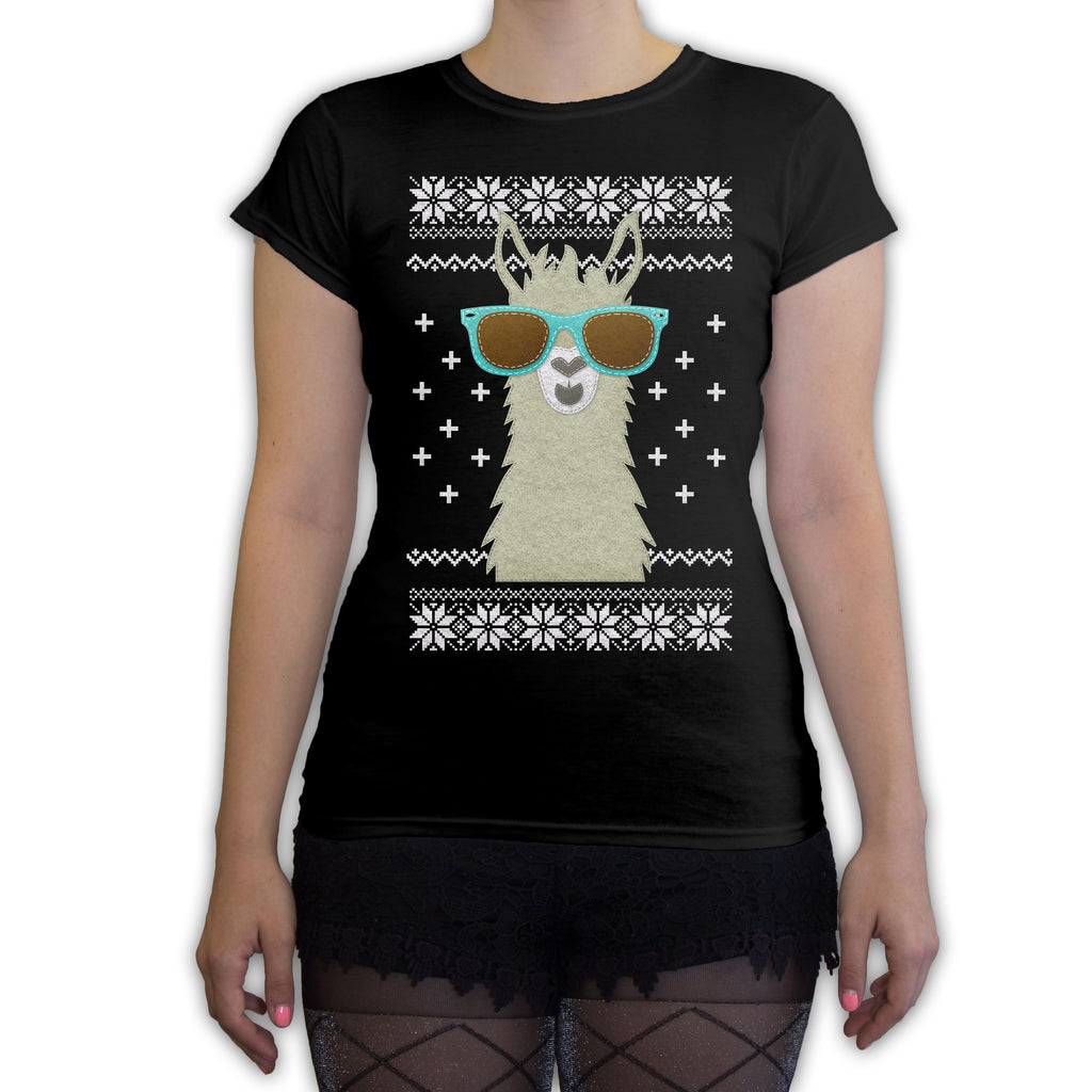 Function -  Ugly Christmas Faux Felt Llama Women's Fashion T-Shirt Black