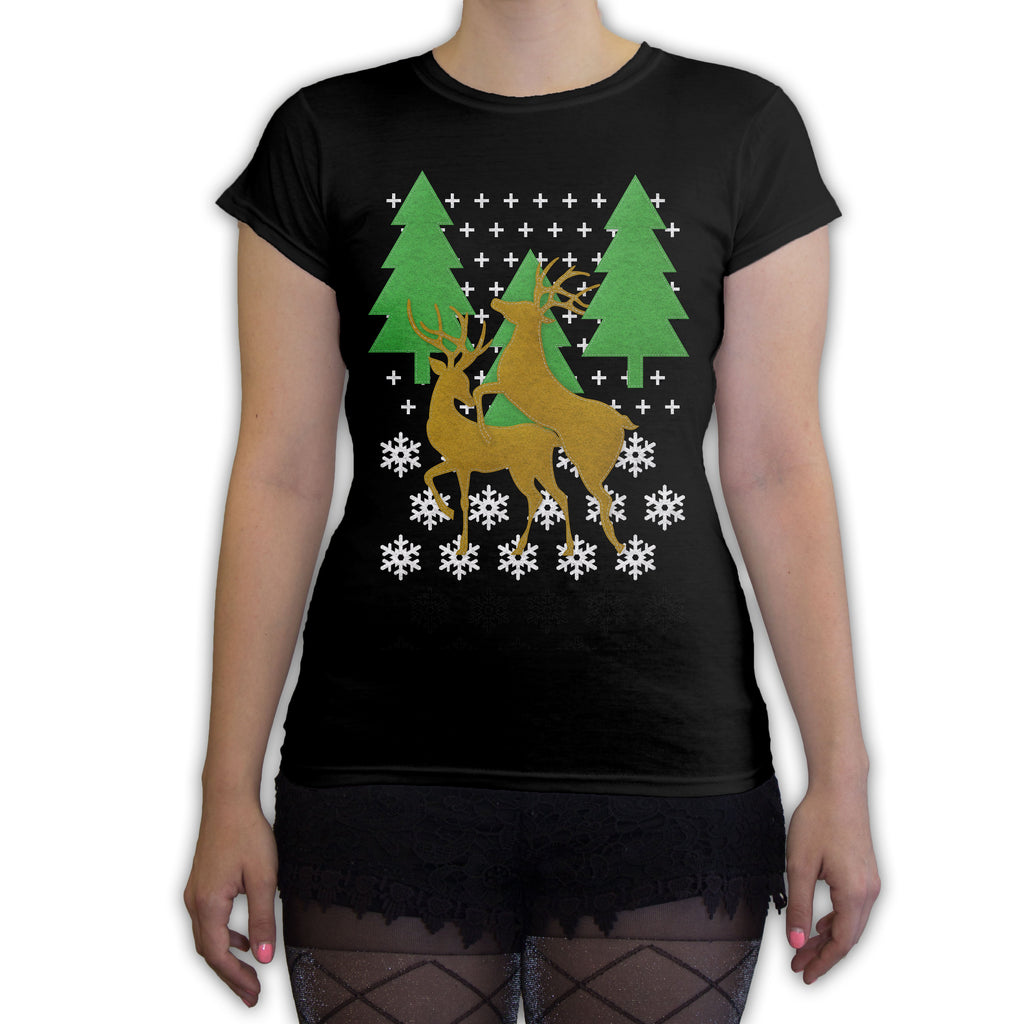 Function -  Ugly Christmas Faux Felt Humping Reindeer Women's Fashion T-Shirt Black