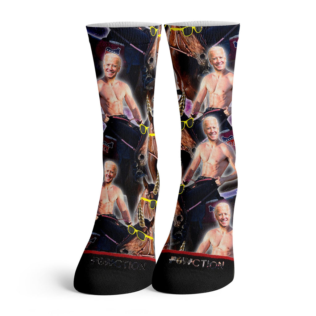 Function - Joe Biden Jacked With Abs Riding a Unicorn in Space Fashion Socks