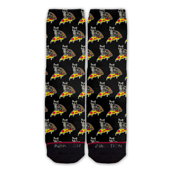Function - Pizza Surfing Cat Black Pattern Socks Food Funny Pepperoni Riding
