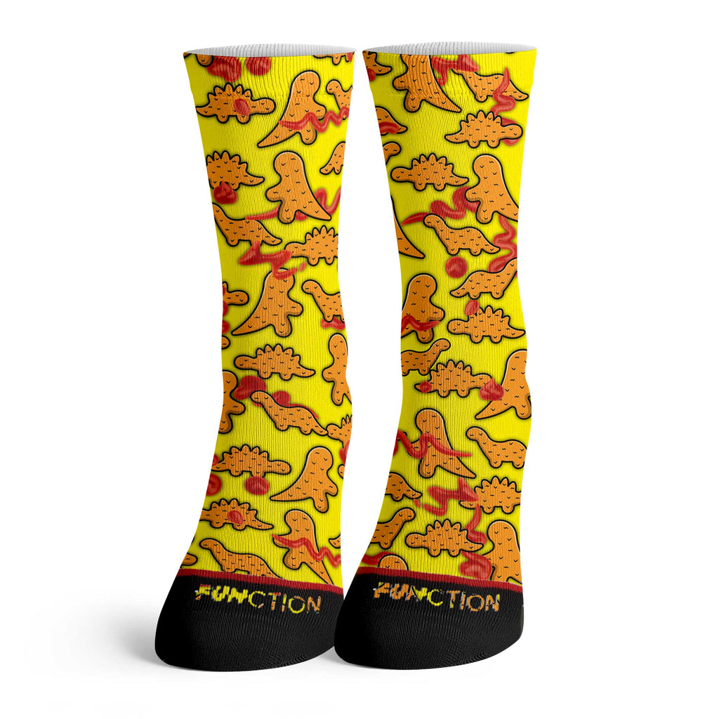 Function - Cartoon Dinosaur Chicken Nuggets Yellow Pattern Adult Crew Socks Funny Food All Over